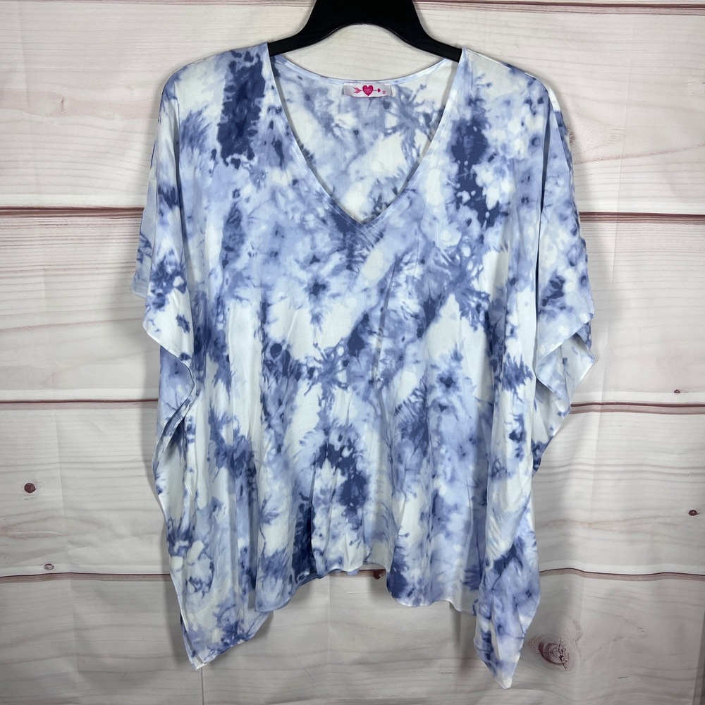 Buddy Love Poncho Top Womens S Blue Tie Dye Rayon V-Neck Short Sleeve Beachy